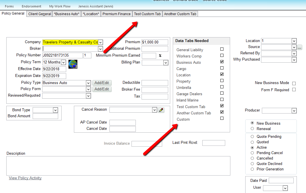 How to add Custom Tabs to the Commercial Policy Screen